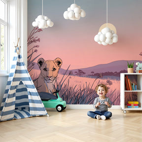 Lion cub sunset mural wallpaper in modern nursery with natural wood furniture by Kids-Mundo