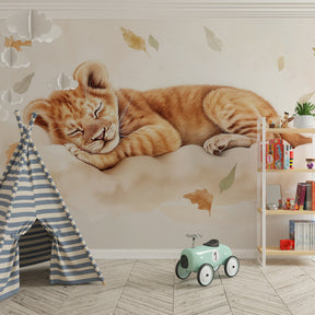 Gentle lion cub mural wallpaper transforming toddler room into tranquil safari sanctuary