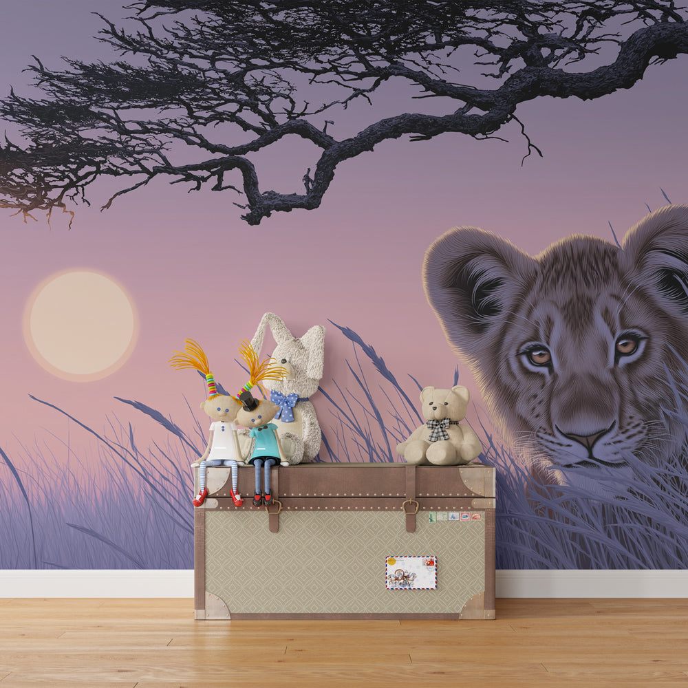 Sunset savanna wallpaper featuring cute lion cub in modern toddler room by Kids-Mundo