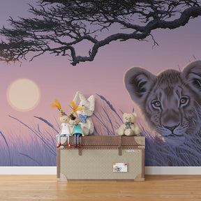 Sunset savanna wallpaper featuring cute lion cub in modern toddler room by Kids-Mundo