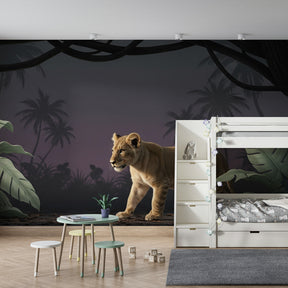 Tropical lion cub wallpaper with palm trees and lush foliage for children's room decor