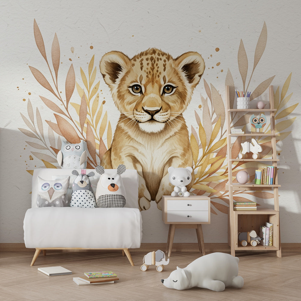 Kids-Mundo lion cub with pastel leaves wall mural covering a feature wall in a warm kids bedroom.