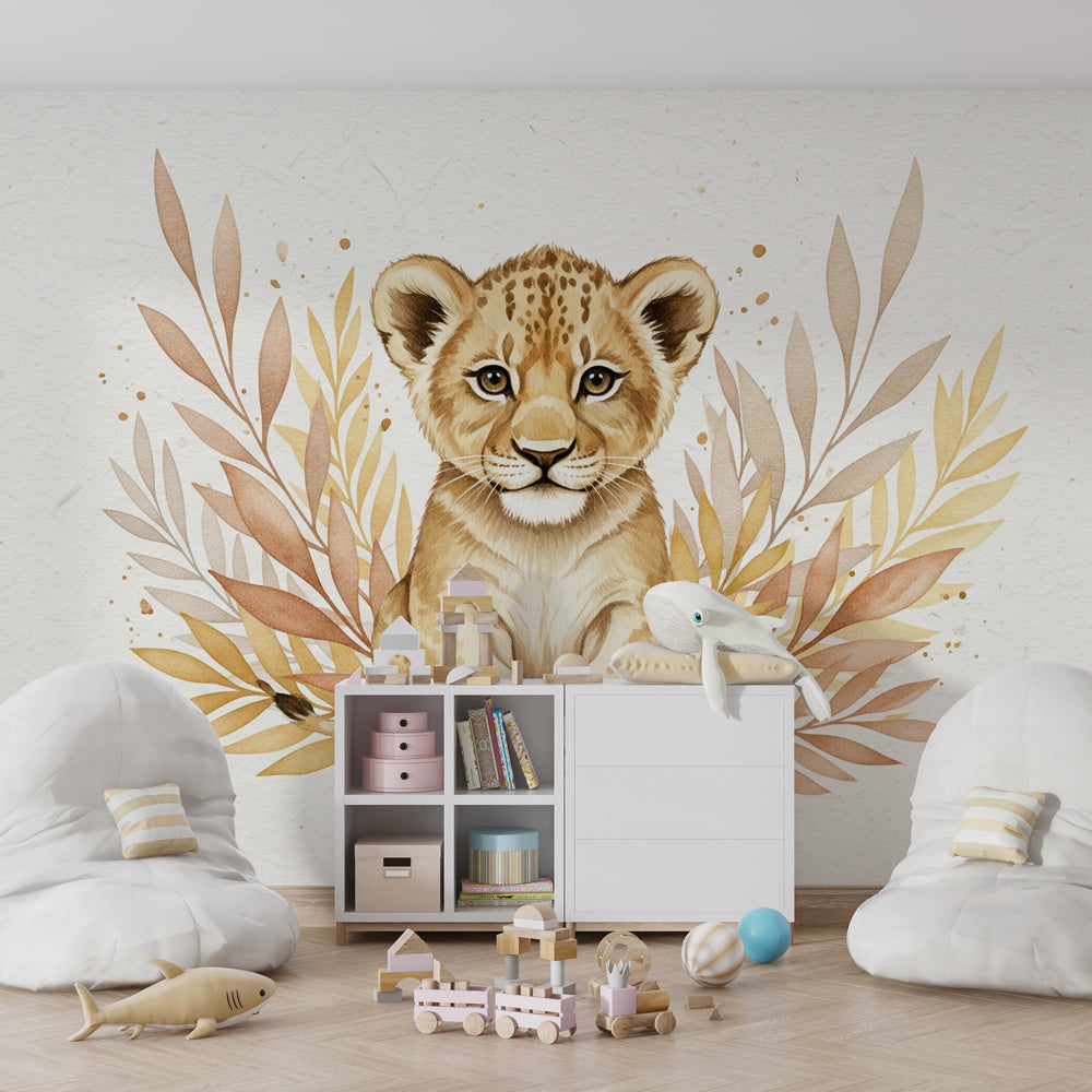Kids-Mundo lion cub wall mural bringing a gentle safari feel to a bright playroom.