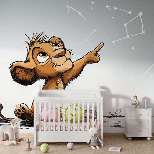Kids-Mundo curious lion cub wall mural pointing at stars on a feature wall in a kids bedroom