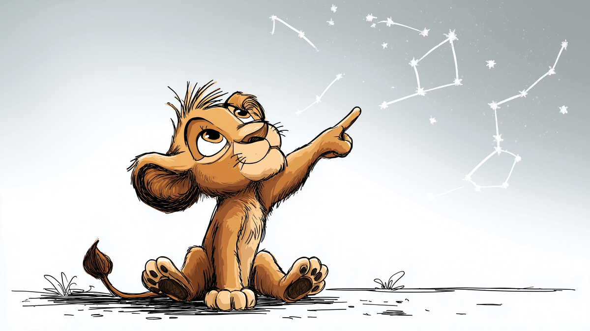 Curious Lion Cub Pointing at Stars Wall Mural