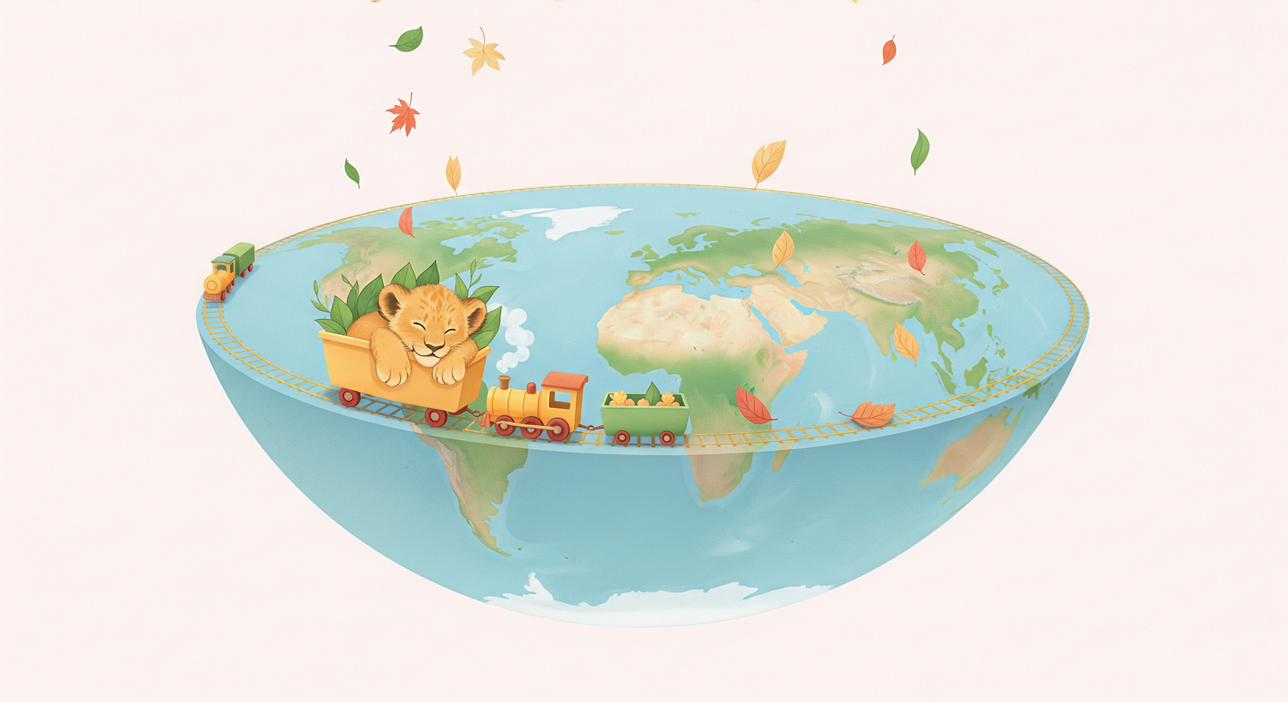 Kids-Mundo flat artwork of a sleepy lion cub riding a toy train around a globe