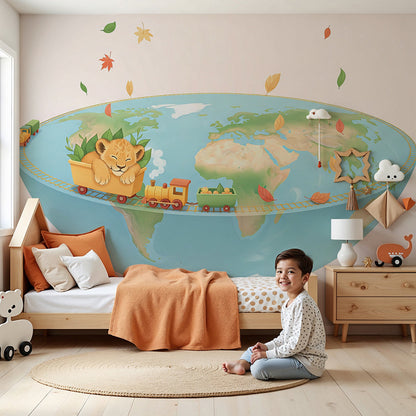 Kids-Mundo lion cub and train world map wall mural made to measure in a cosy nursery