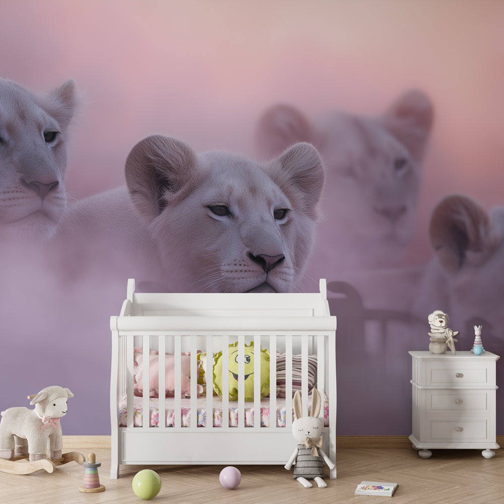 Safari themed children's bedroom with lion cubs wallpaper in soft pink tones