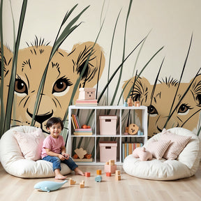 Lion cubs mural wallpaper in modern nursery with natural wood crib by Kids-Mundo