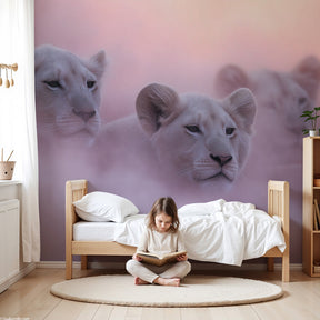 Lion cubs mural wallpaper in pink mist creating magical nursery decor by Kids-Mundo