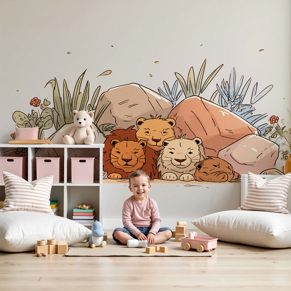 Lion cubs mural wallpaper creating gentle safari atmosphere in modern nursery by Kids-Mundo