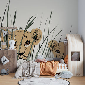 Animal themed lion cubs mural wallpaper decorating kids playroom with safari adventure