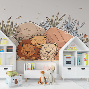 Nature-themed lion cubs wallpaper creating cozy reading corner in children's playroom