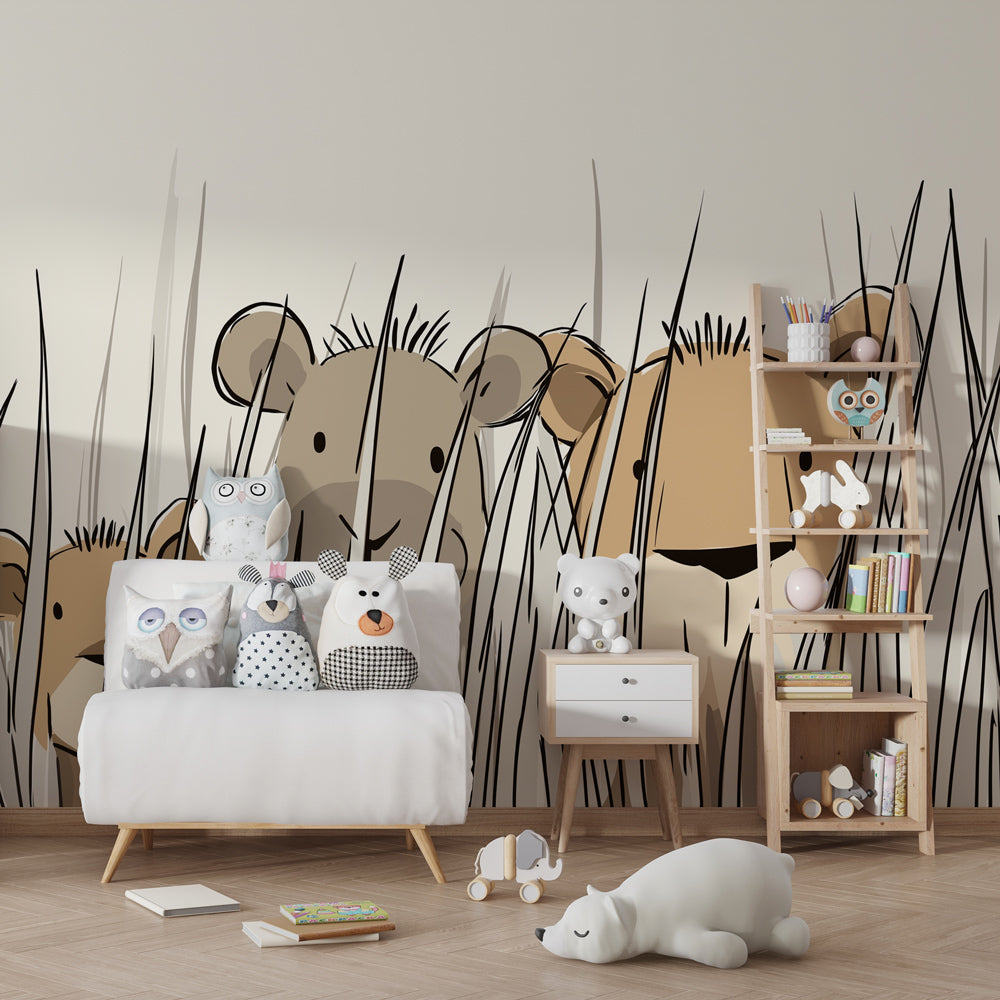Safari lion cubs mural wallpaper with wooden toys in cozy kids room setting
