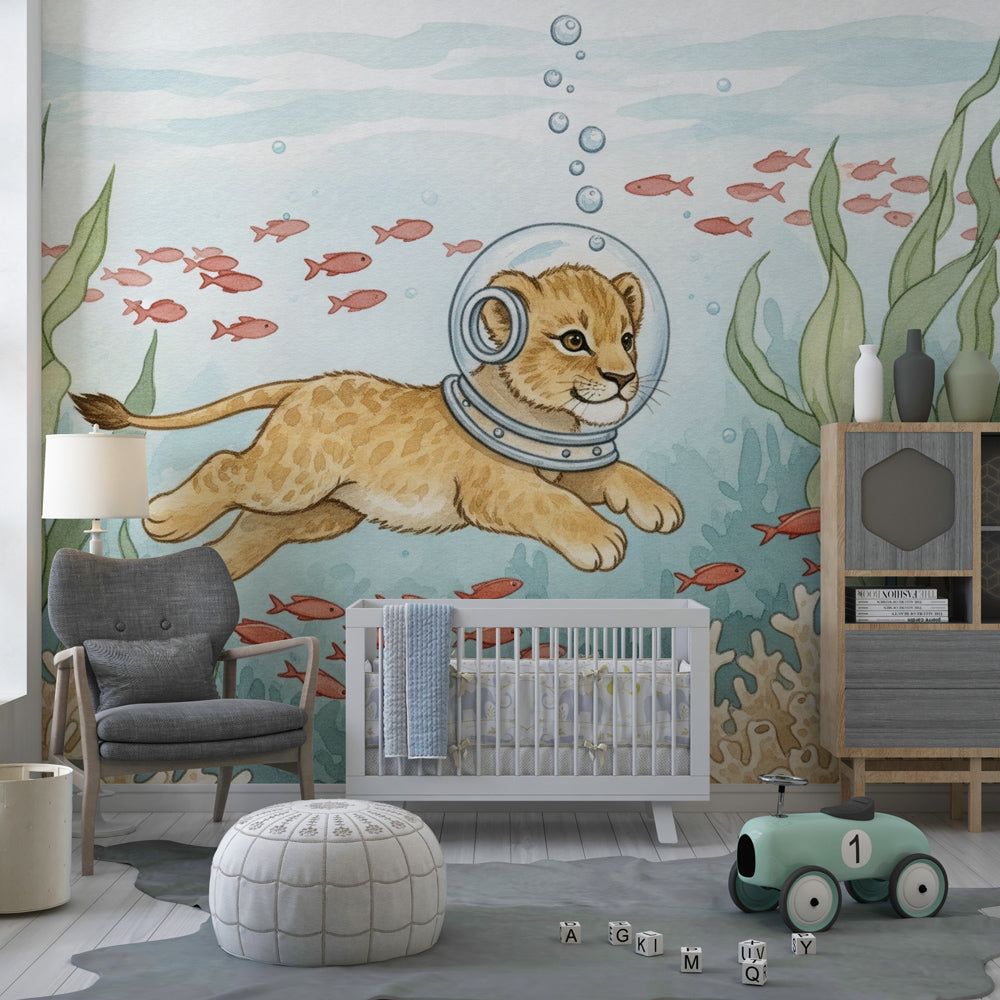 Ocean adventure mural wallpaper with diving lion in modern kids bedroom setting
