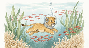 Detailed lion diver underwater mural wallpaper design pattern with coral reefs by Kids-Mundo