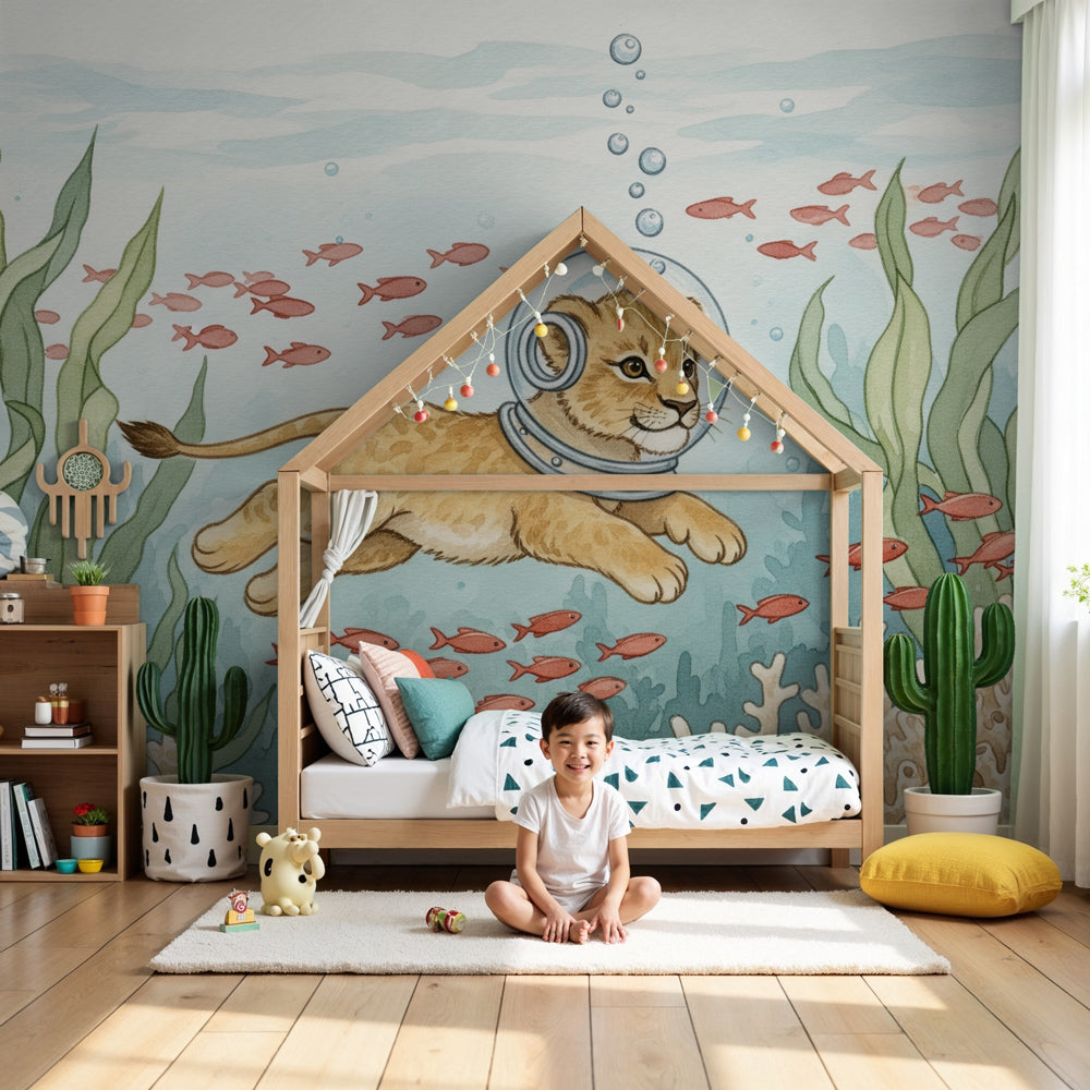 Lion diver mural wallpaper creating magical underwater nursery decor by Kids-Mundo