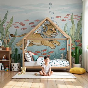 Lion diver mural wallpaper creating magical underwater nursery decor by Kids-Mundo