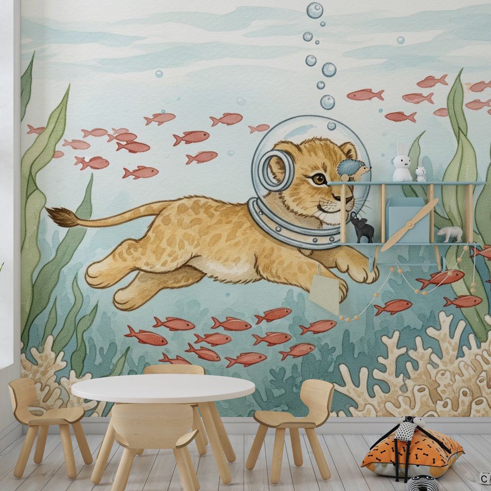 Underwater themed mural wallpaper featuring lion explorer in colorful children's playroom