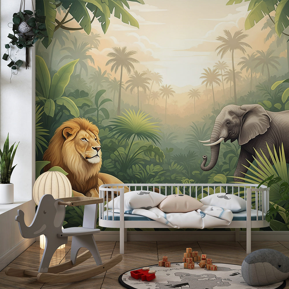 Kids-Mundo lion and elephant jungle wall mural in a kids bedroom with bed and wooden shelving.