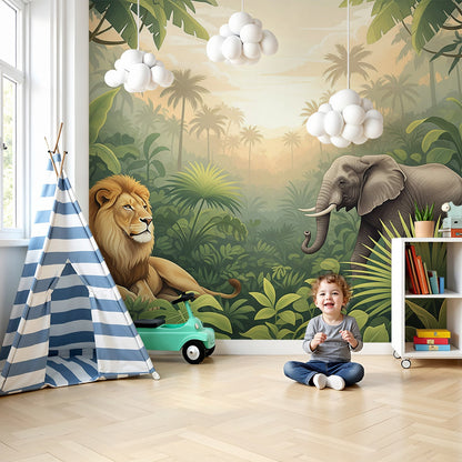 Kids-Mundo lion and elephant jungle wall mural styled in a nursery with cot and warm lighting.