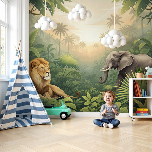 Kids-Mundo lion and elephant jungle wall mural styled in a nursery with cot and warm lighting.