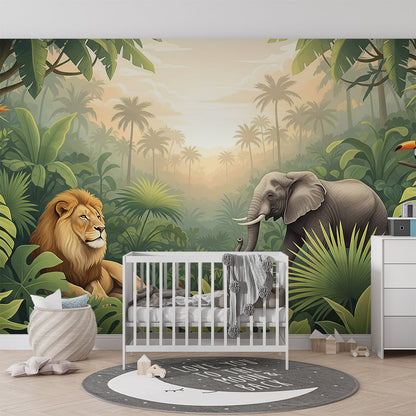 Kids-Mundo lion and elephant jungle wall mural brightening a playroom with rug and toy baskets.
