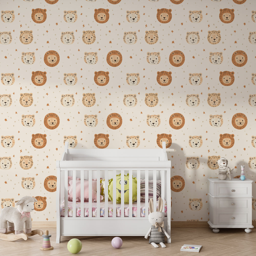 Playful lion face wallpaper creating magical safari atmosphere in children's playroom by Kids-Mundo