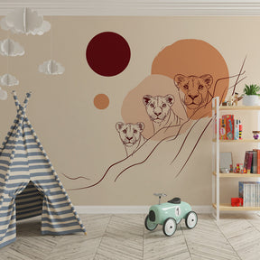 Safari lion wallpaper creating adventurous kids bedroom atmosphere with elegant design