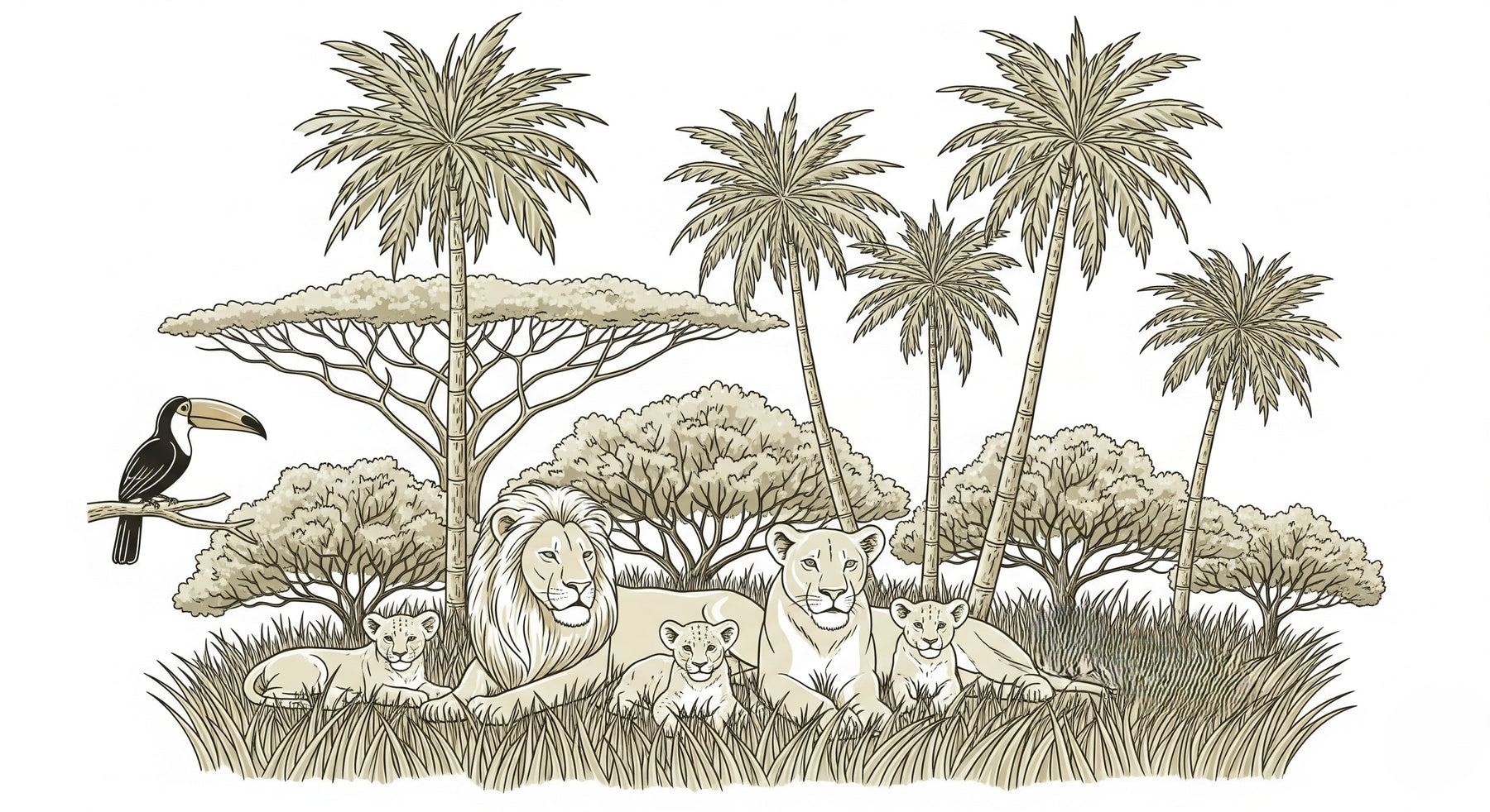Detailed lion family mural wallpaper design pattern showing safari animals and tropical vegetation by Kids-Mundo