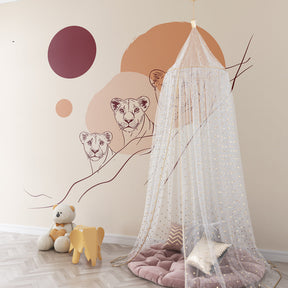 Elegant lion family wallpaper transforming children's playroom into safari adventure space