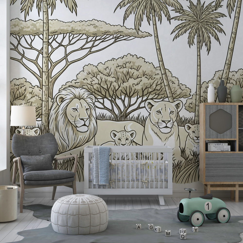 African savanna lion mural wallpaper with palm trees creating wildlife-themed kids room decor