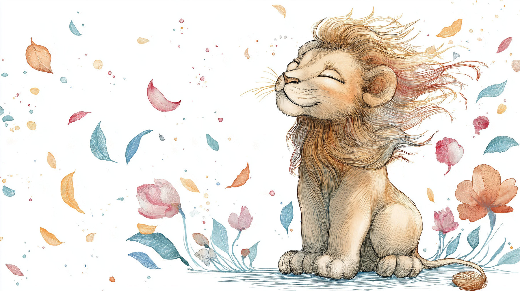 Detailed lion floral mural wallpaper design pattern showing botanical safari elements by Kids-Mundo