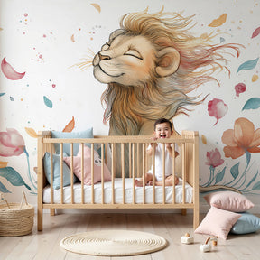 Happy lion floral mural wallpaper in modern nursery with wooden crib by Kids-Mundo