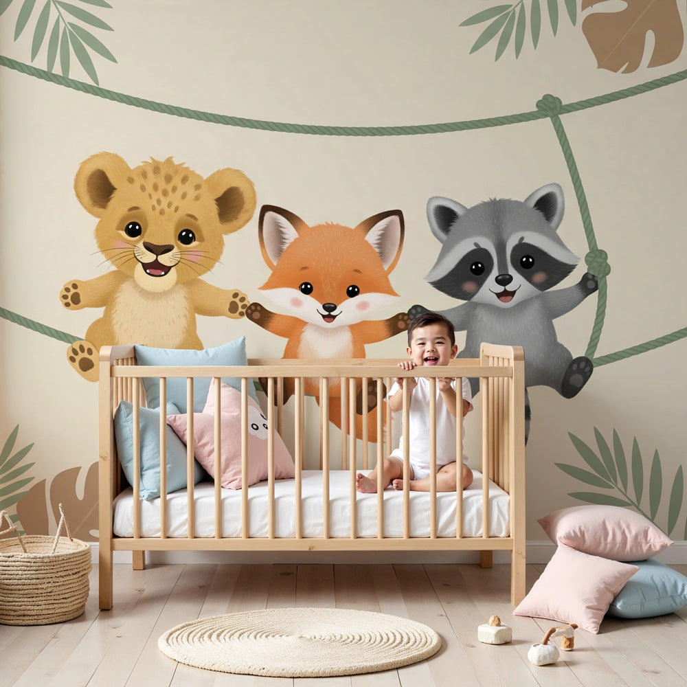Kids-Mundo lion, fox and raccoon wall mural shown on a feature wall in a nursery