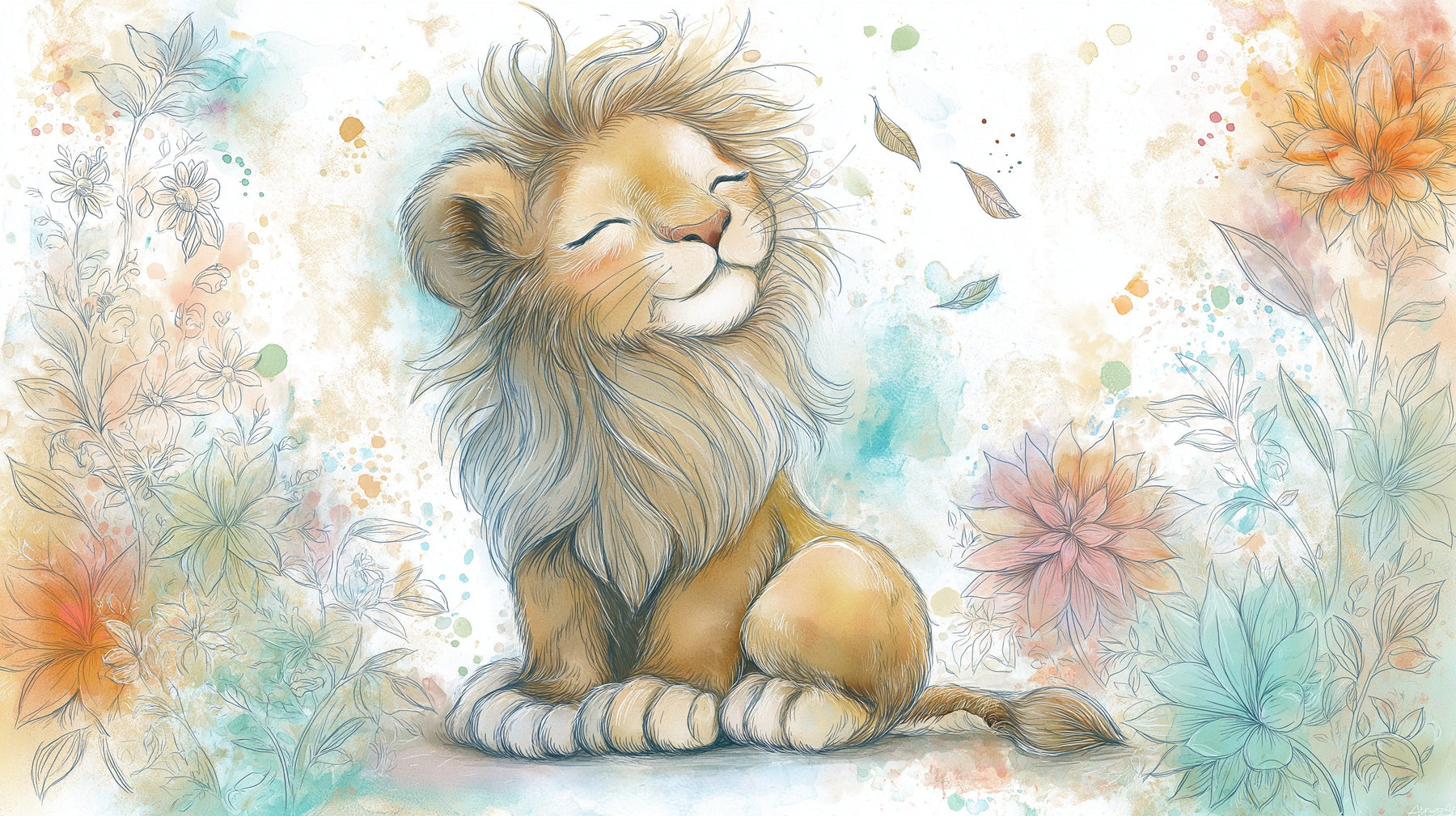 Detailed happy lion garden mural wallpaper design pattern with delicate flowers by Kids-Mundo