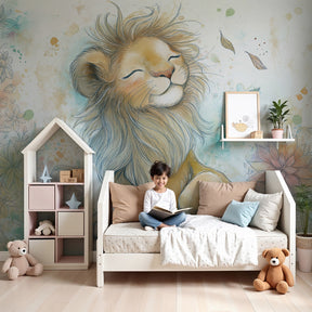 Happy lion garden mural wallpaper creating magical nursery decor with soft pastel colors by Kids-Mundo