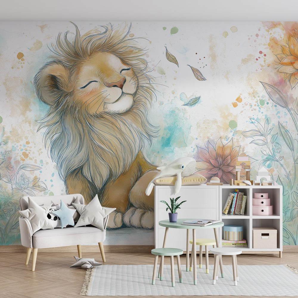 Lion garden wallpaper transforming children's playroom into enchanted floral paradise by Kids-Mundo