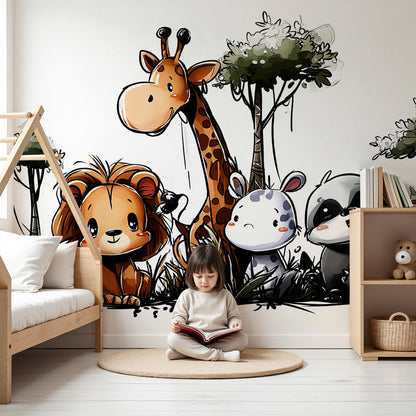 Kids-Mundo sketch-style lion, giraffe and panda wall mural in a soft nursery room