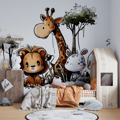 Kids-Mundo safari sketch wall mural with lion, giraffe and panda in a playroom