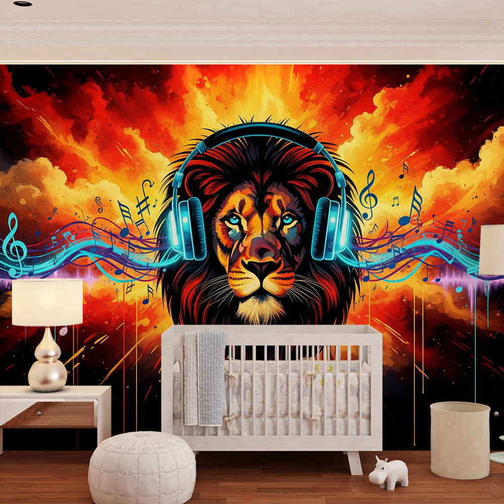 Kids-Mundo lion headphones wall mural made to measure covering a feature wall in a kids bedroom