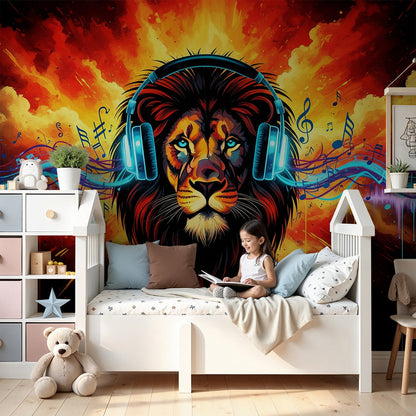 Kids-Mundo lion with headphones wall mural in a fiery orange finish behind a bed in a boy's bedroom
