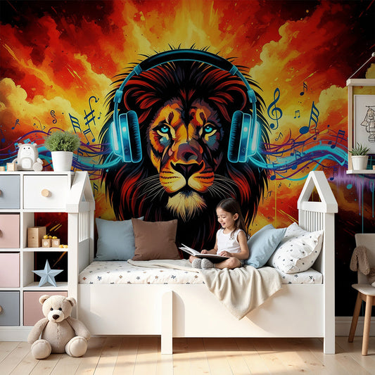 Kids-Mundo lion with headphones wall mural in a fiery orange finish behind a bed in a boy's bedroom