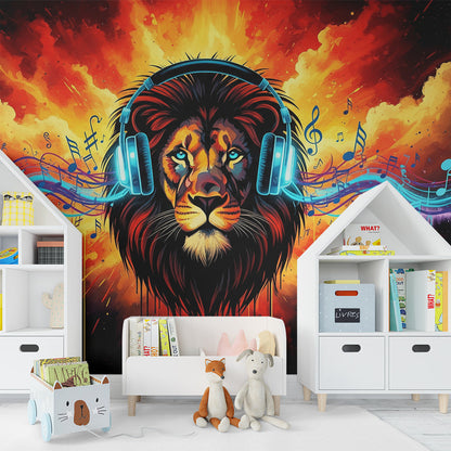 Kids-Mundo lion and sound wave wall mural bringing bold colour to a playroom wall