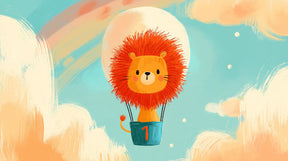 Detailed lion hot air balloon mural wallpaper design pattern with rainbow clouds by Kids-Mundo