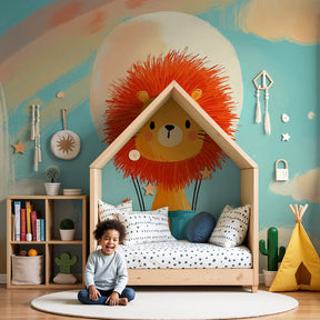 Lion hot air balloon mural wallpaper in bright nursery room with rainbow sky design by Kids-Mundo