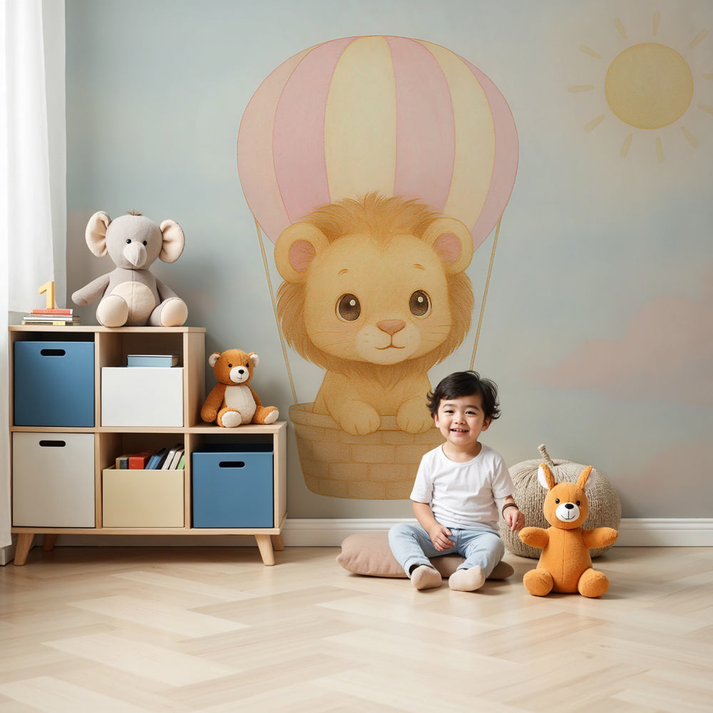 Lion hot air balloon mural wallpaper in modern nursery room by Kids-Mundo