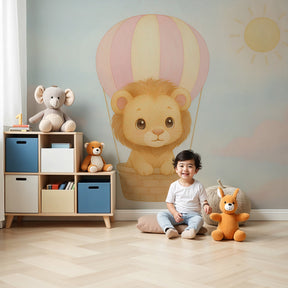 Lion hot air balloon mural wallpaper in modern nursery room by Kids-Mundo