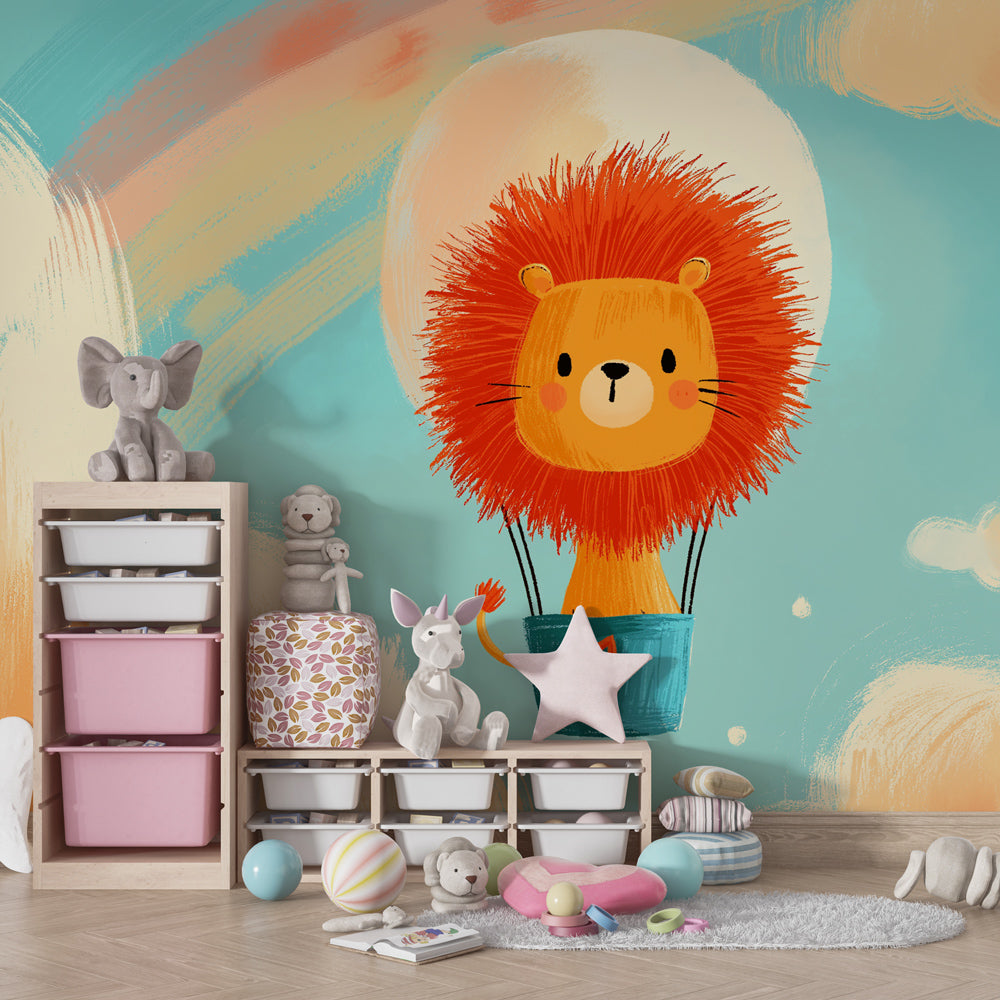 Whimsical lion hot air balloon mural wallpaper transforming kids playroom into sky adventure