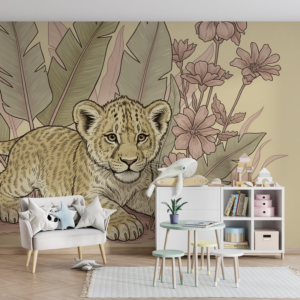 Tropical lion wallpaper creating adventurous atmosphere in children's bedroom decor